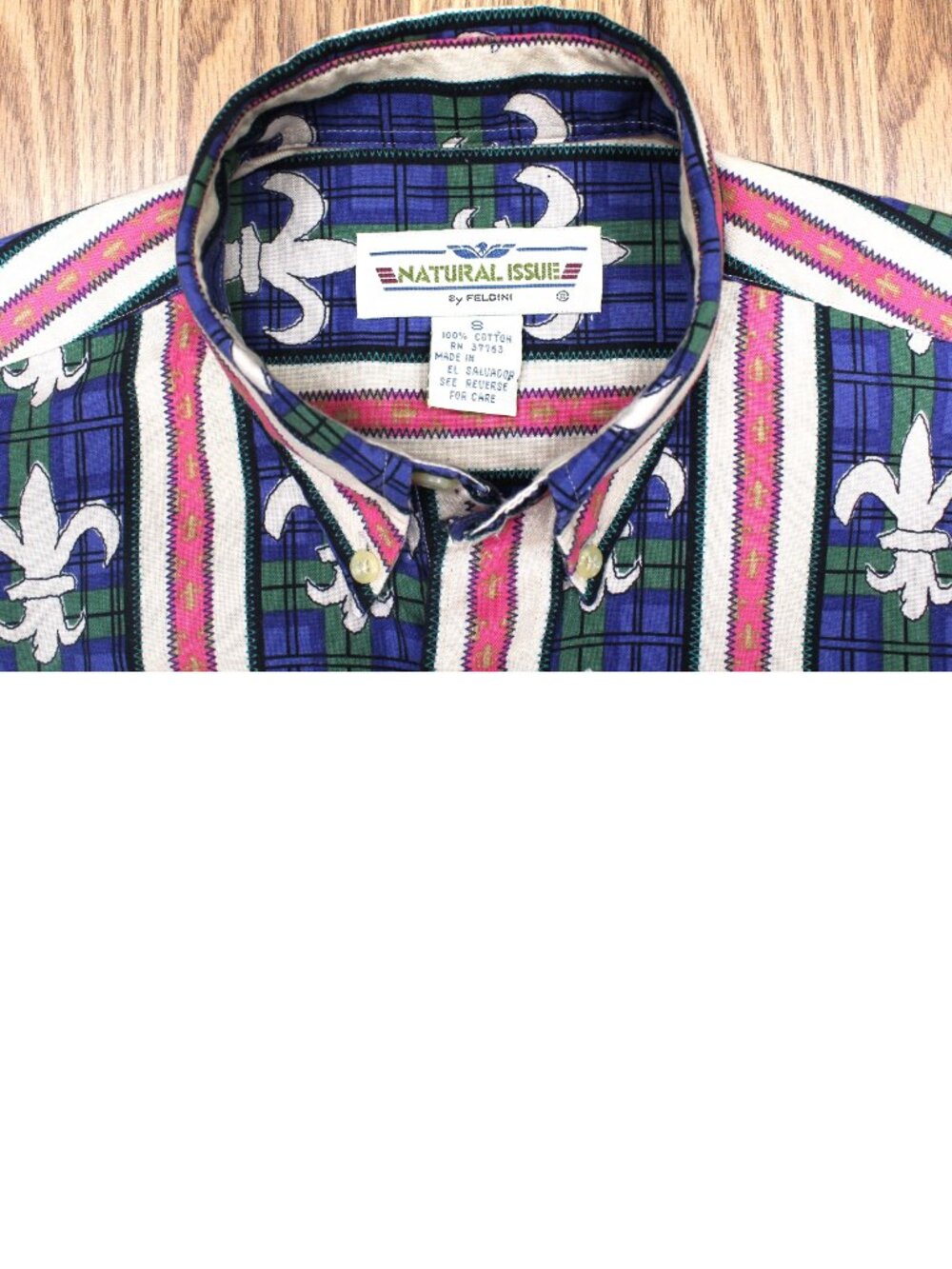 VTG NATURAL ISSUE BUTTON DOWN SHIRT COTTON FLEUR-DE-LIS PRINT Sz SMALL, S